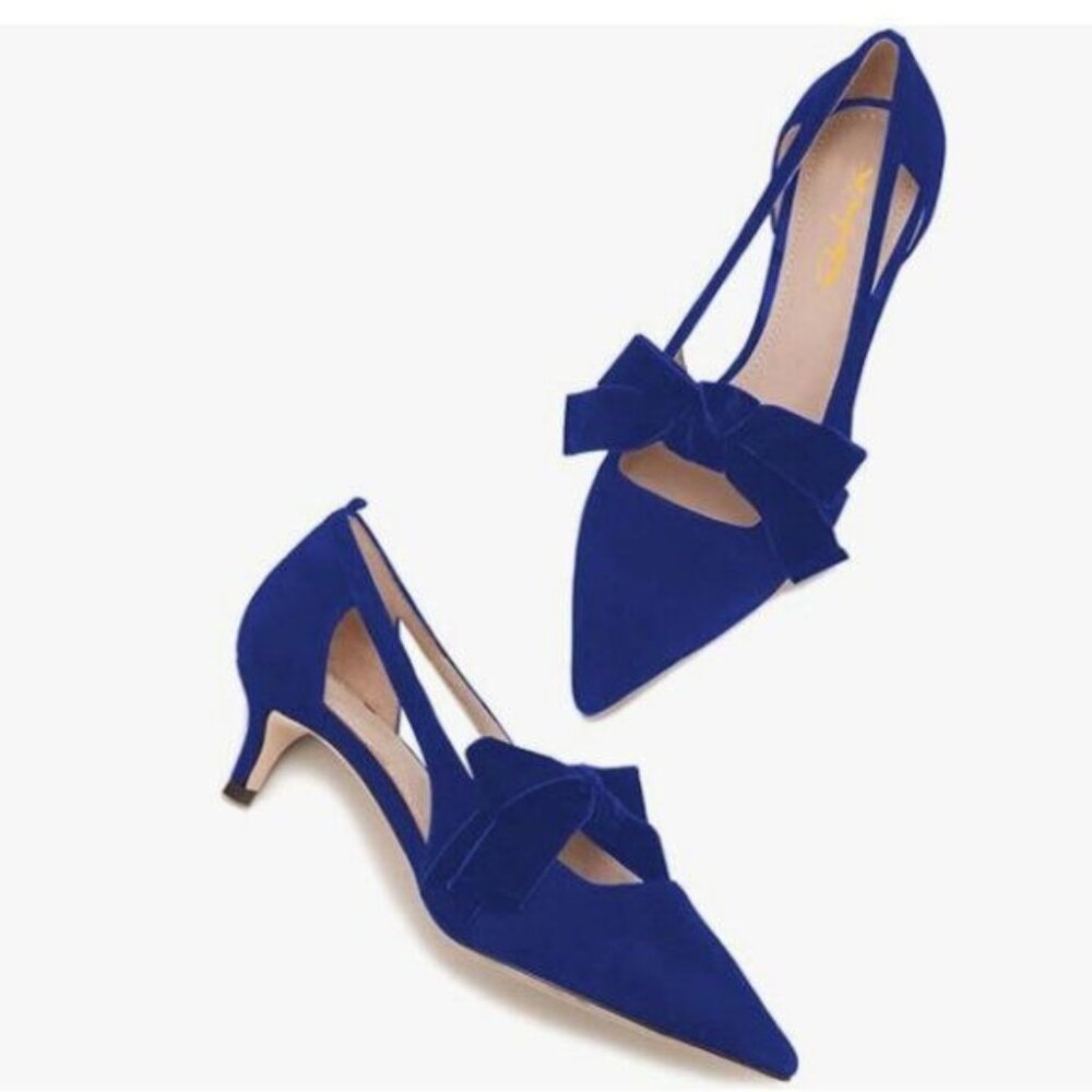 XYD Royal Blue Low Heel Pointy Toe Pumps Elegant Cutout Bows Slip on Dress Shoes